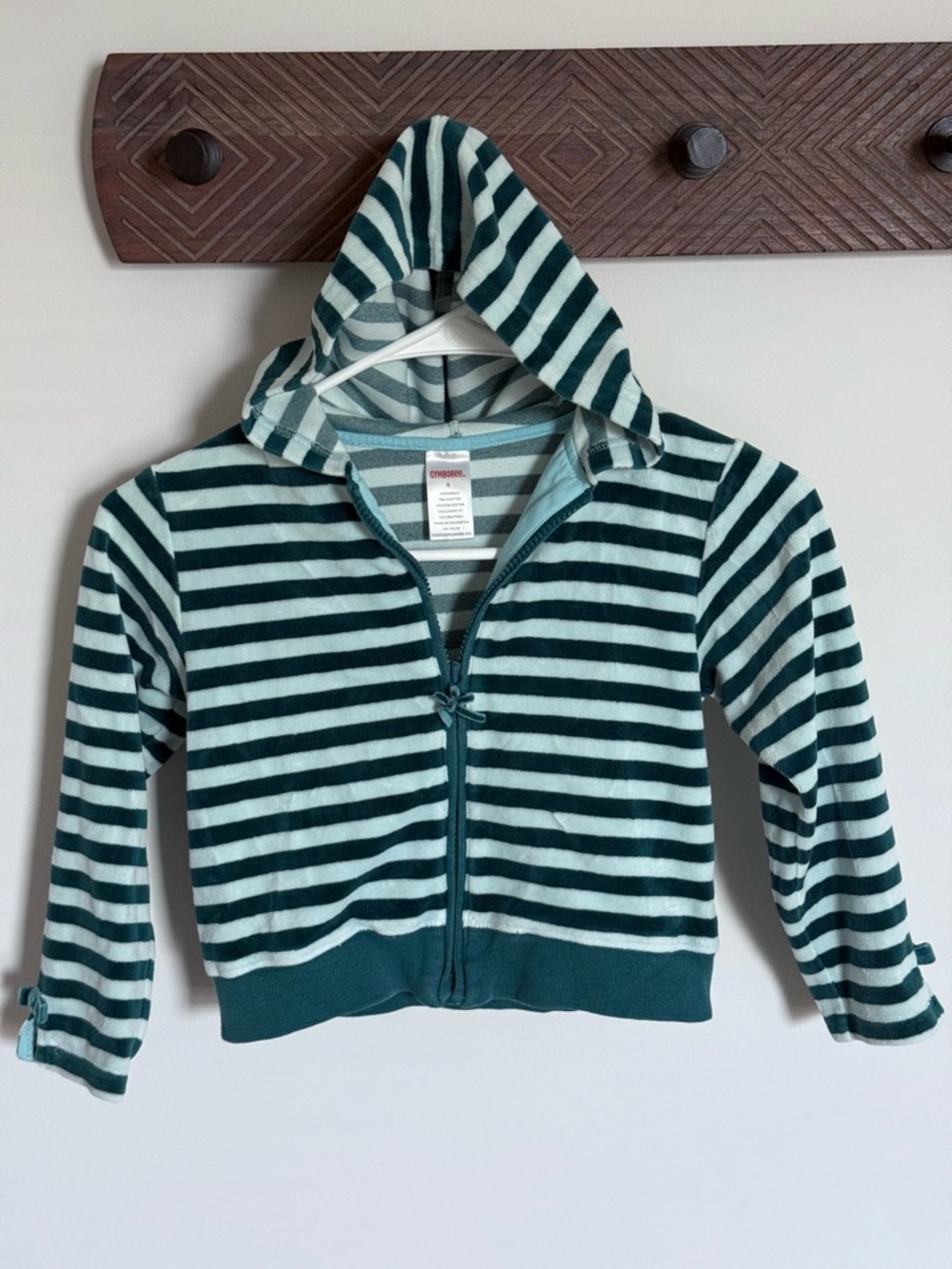 Gymboree Green Teal Striped Velvet Bow Full Zip Hoodie Hooded Sweatshirt Girls 6